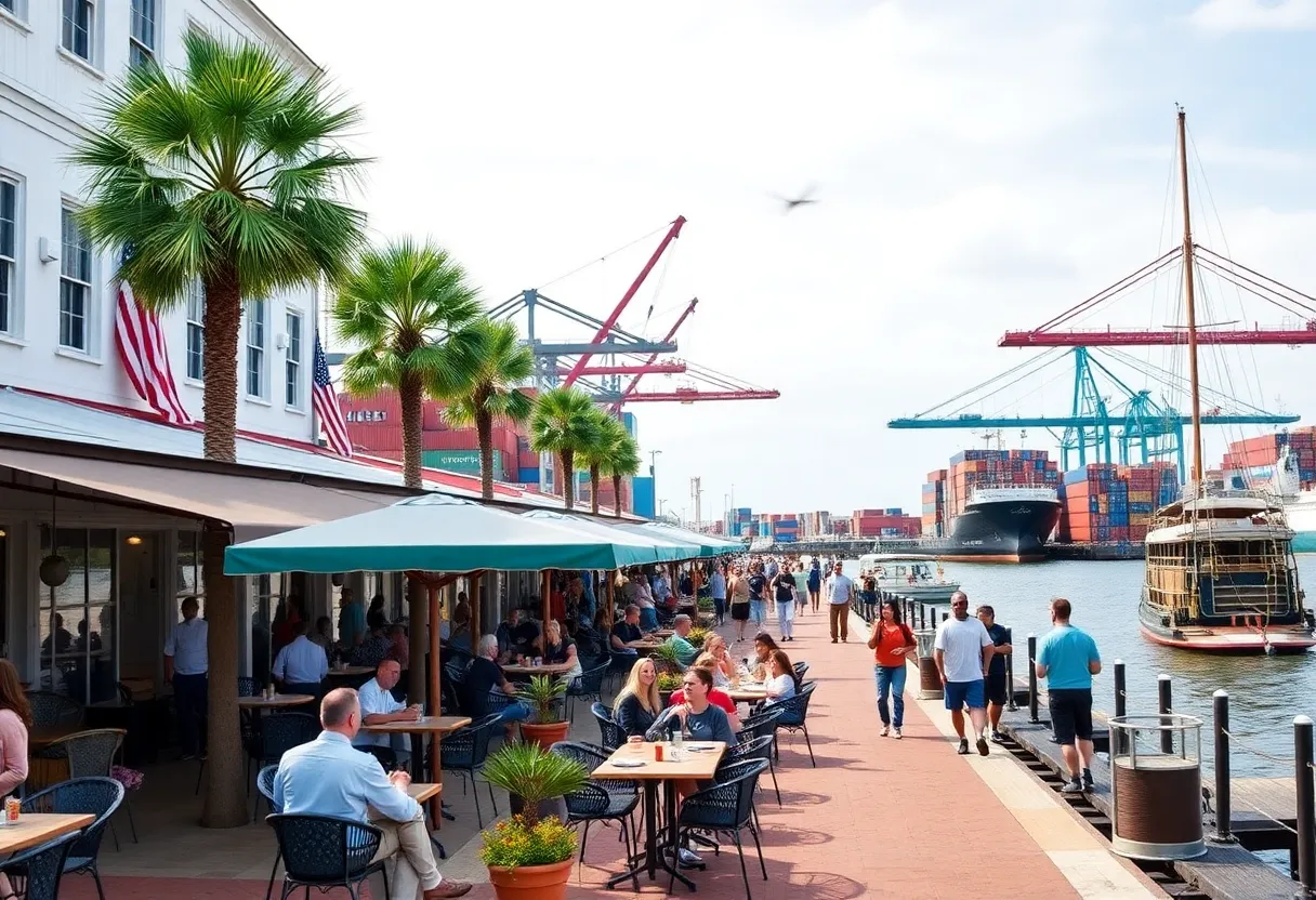 A lively scene of Savannah’s waterfront with tourists and port operations.