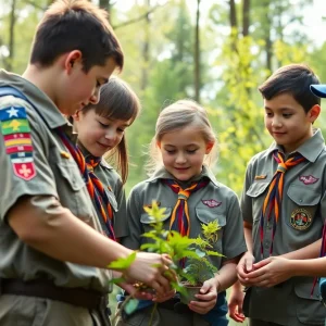 Group of scouts participating in community service