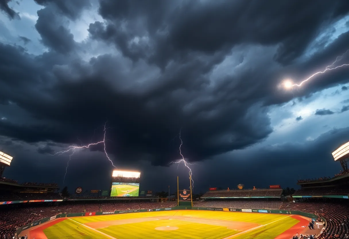 Thunderstorm clouds and rain over a baseball stadium