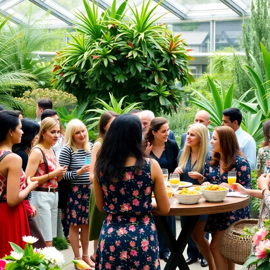 Attendees at the Sistahs Soiree Brunch engaged in conversation in a botanical garden.