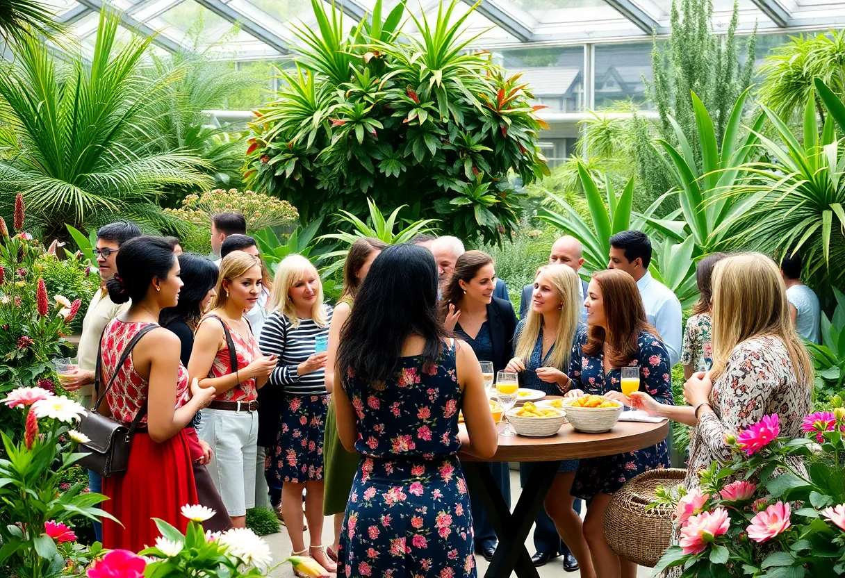 Attendees at the Sistahs Soiree Brunch engaged in conversation in a botanical garden.