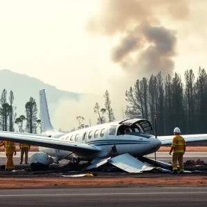Wreckage of a small plane at Thomson-McDuffie Regional Airport with smoke.