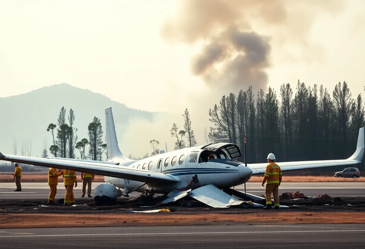 Wreckage of a small plane at Thomson-McDuffie Regional Airport with smoke.
