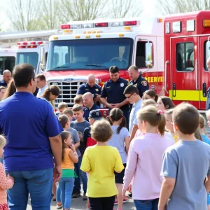 Families enjoying the Touch-a-Truck event with various emergency vehicles
