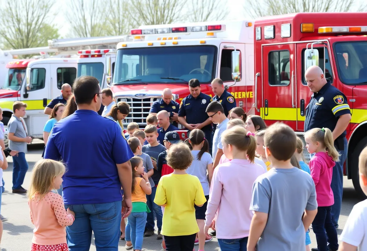 Families enjoying the Touch-a-Truck event with various emergency vehicles