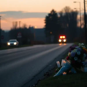 Scene of a pedestrian crash memorial along a road