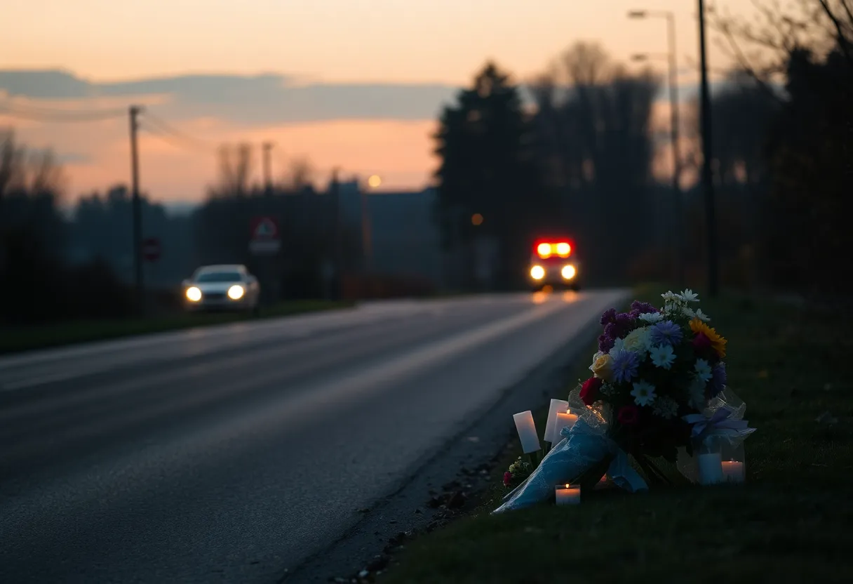 Scene of a pedestrian crash memorial along a road