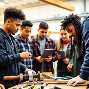 Students in a technical college training program focused on construction and manufacturing.