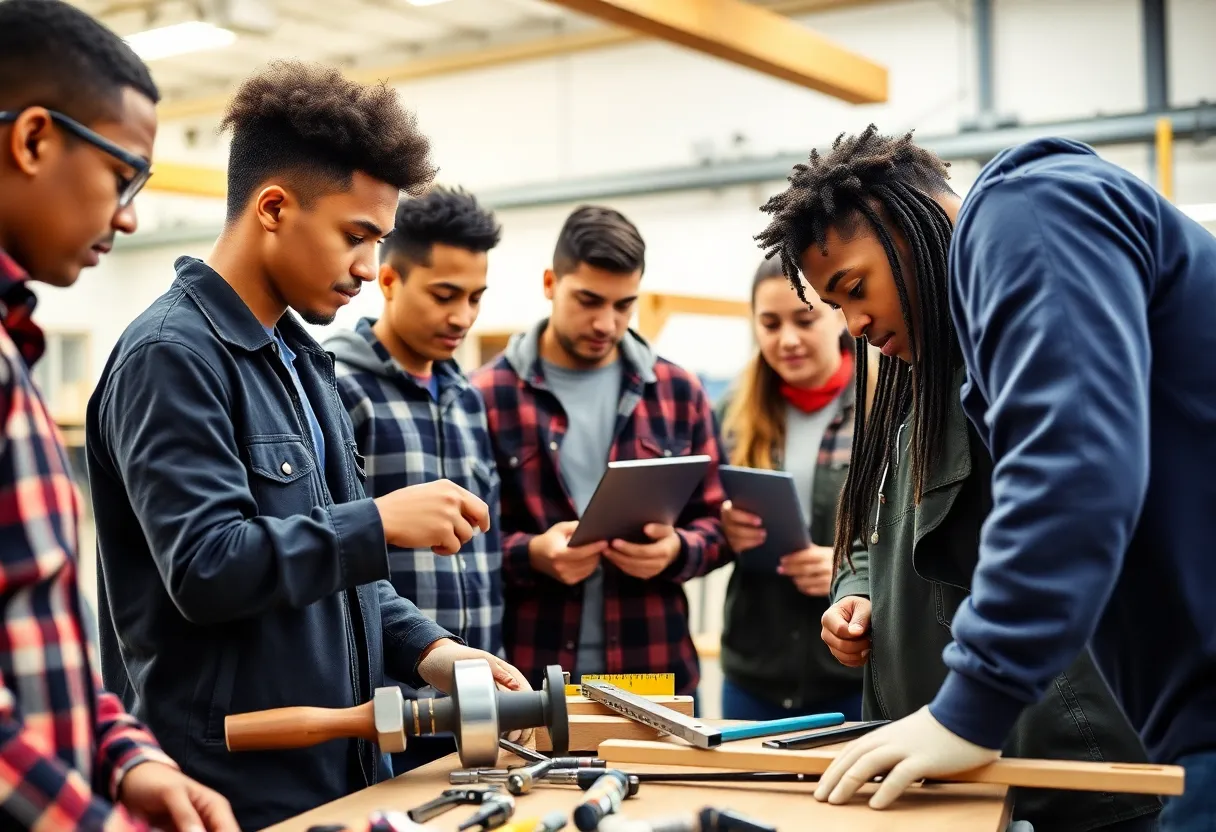 Students in a technical college training program focused on construction and manufacturing.