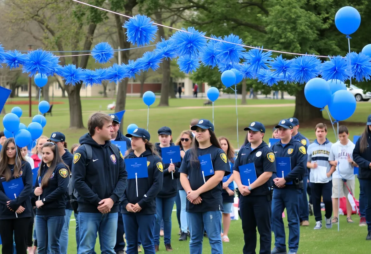 Students and community members in blue honoring Deputy Sikes