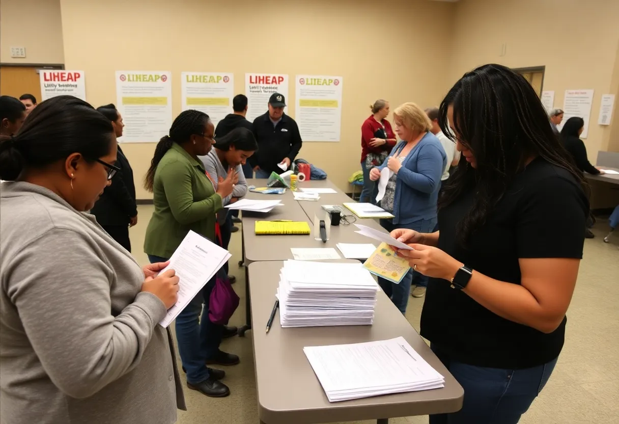 Families receiving assistance at a community center for utility programs.