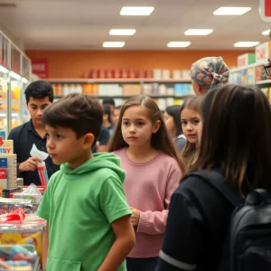 Retail employees ensuring the safety of young customers in a Walmart store.