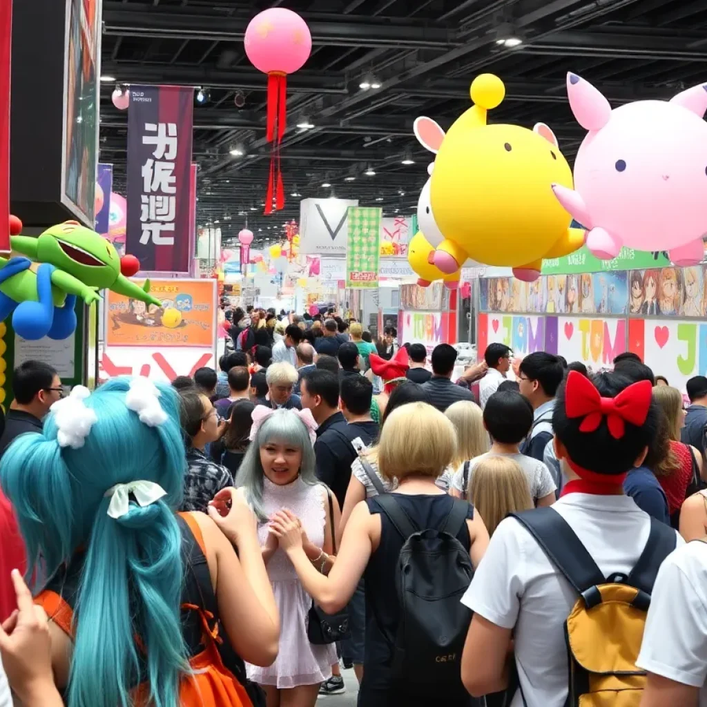 Crowd enjoying the Augusta Anime Fest with vibrant anime decorations and cosplayers