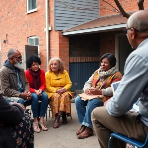 Diverse residents discussing community concerns over the Center of Hope