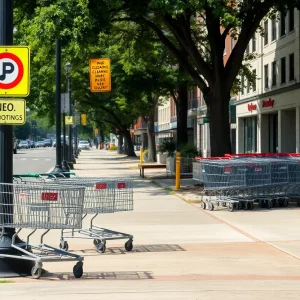 City street in Augusta undergoing cleanup with removed signs and collected shopping carts.