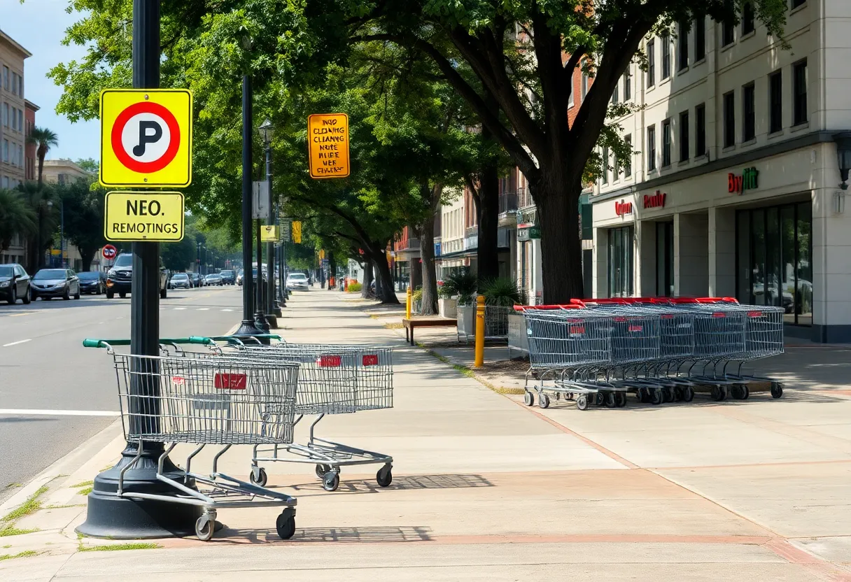City street in Augusta undergoing cleanup with removed signs and collected shopping carts.
