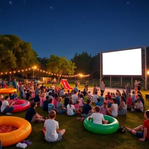 Families enjoying an outdoor movie night in Augusta.