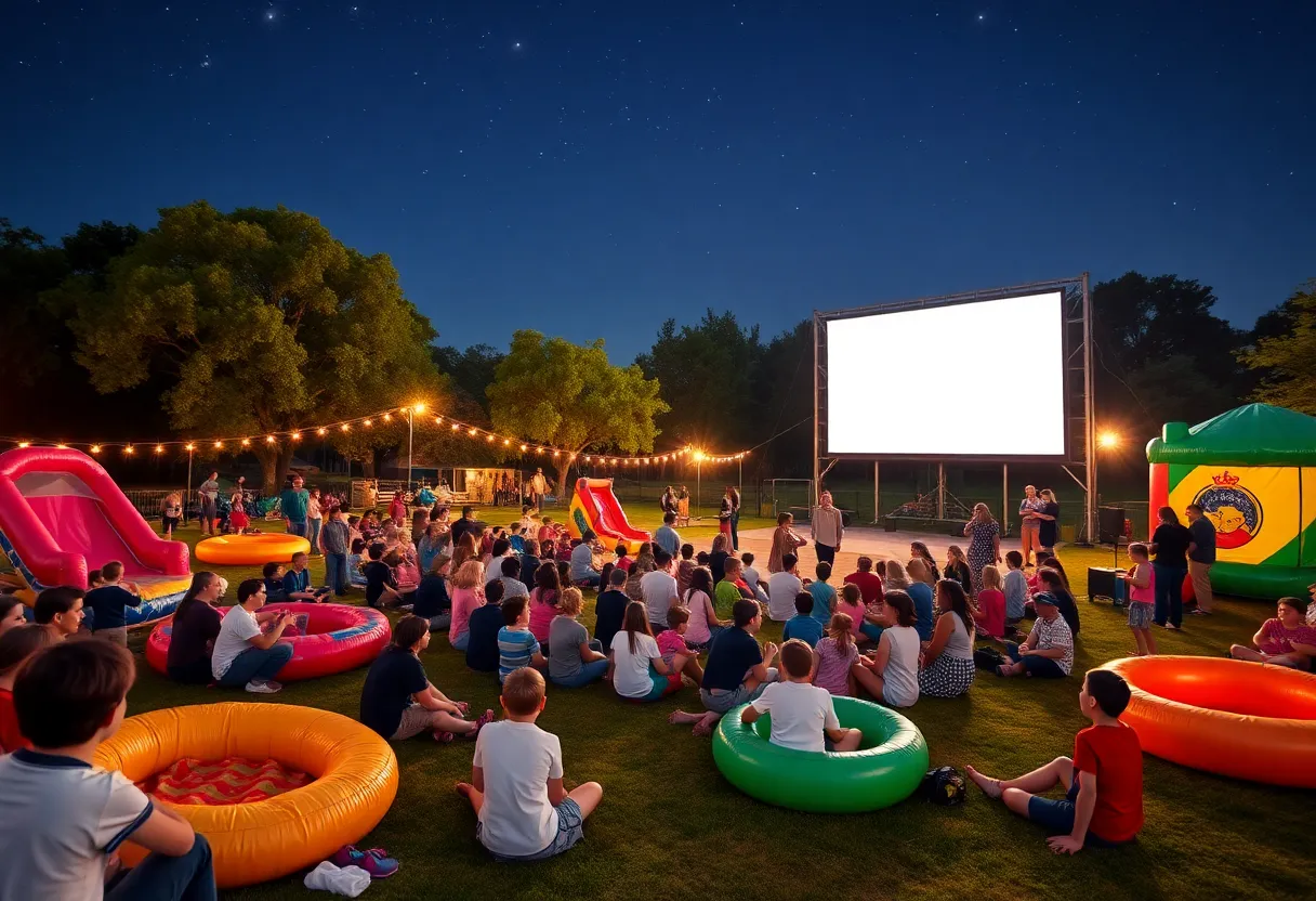 Families enjoying an outdoor movie night in Augusta.