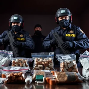 Law enforcement officers conducting a drug bust with seized narcotics.