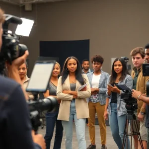 Diverse actors on a film set in Augusta preparing for auditions