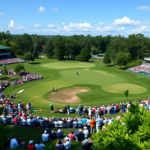 Aerial view of Augusta National Golf Club with spectators during a golf tournament.