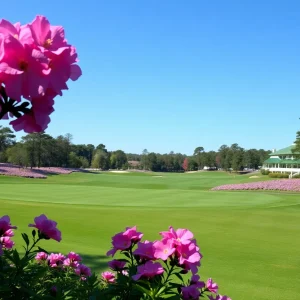 Scenic view of the Augusta National Golf Course with blooming azaleas.