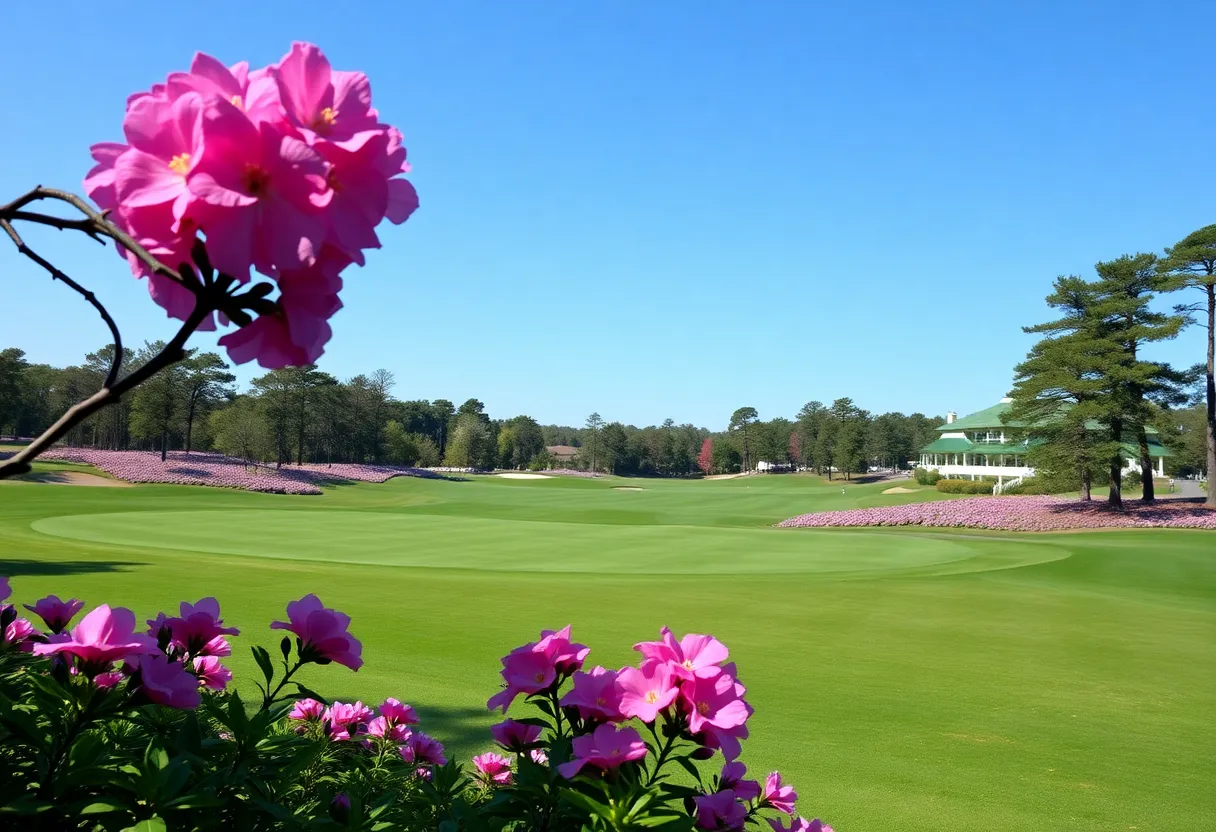 Scenic view of the Augusta National Golf Course with blooming azaleas.