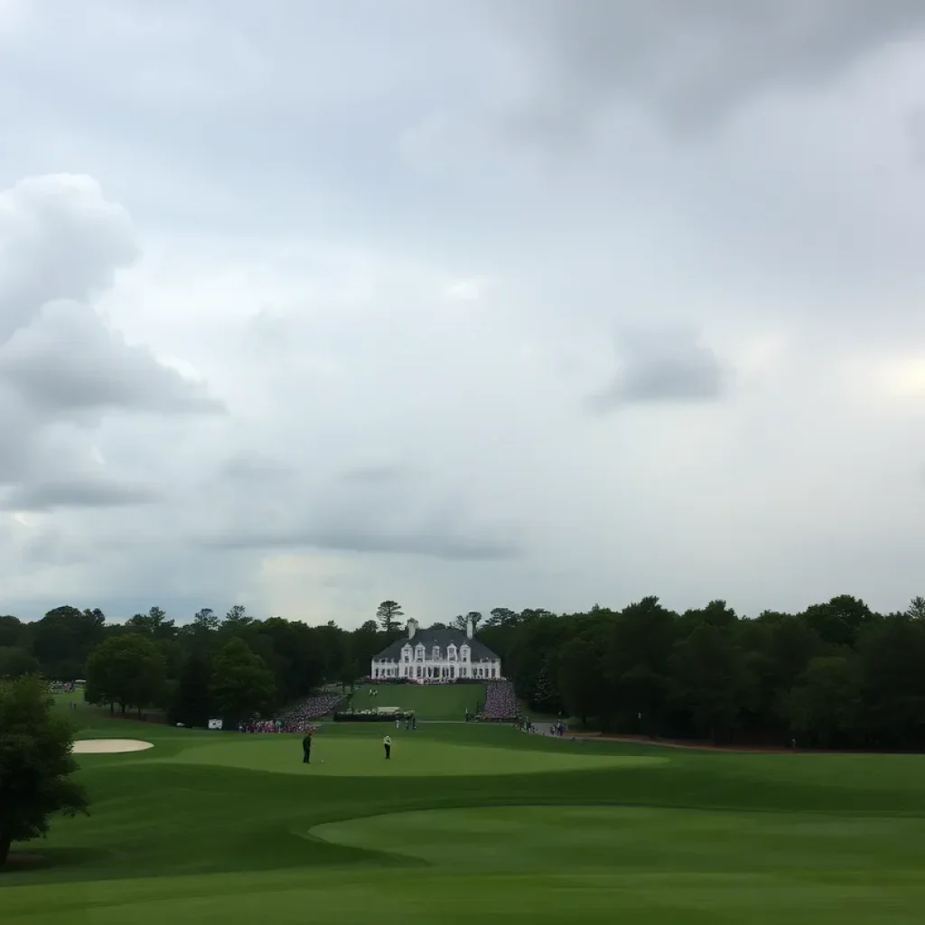 Golfers at Augusta National with looming rain clouds