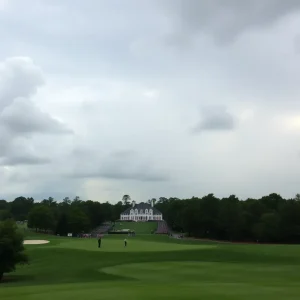 Golfers at Augusta National with looming rain clouds