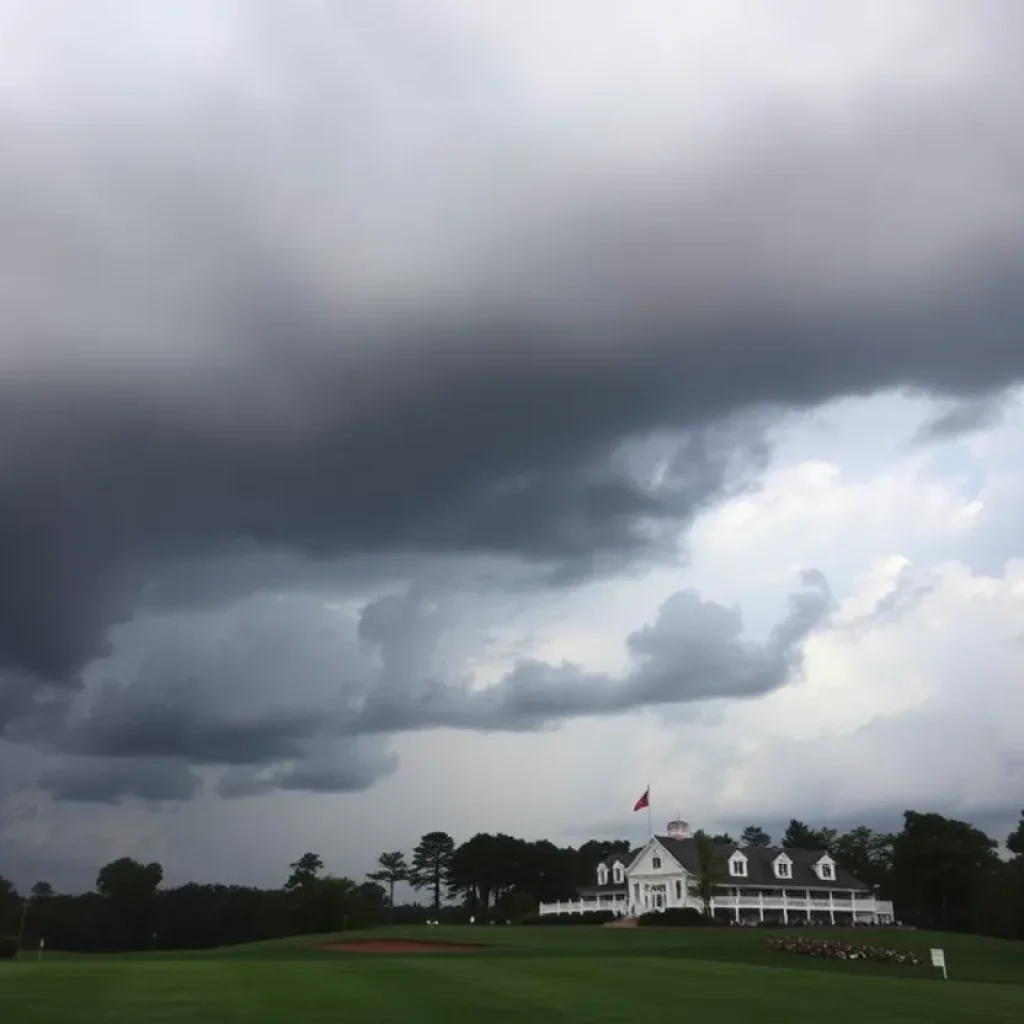 Thunderstorm clouds over Augusta National Golf Club during a golf tournament