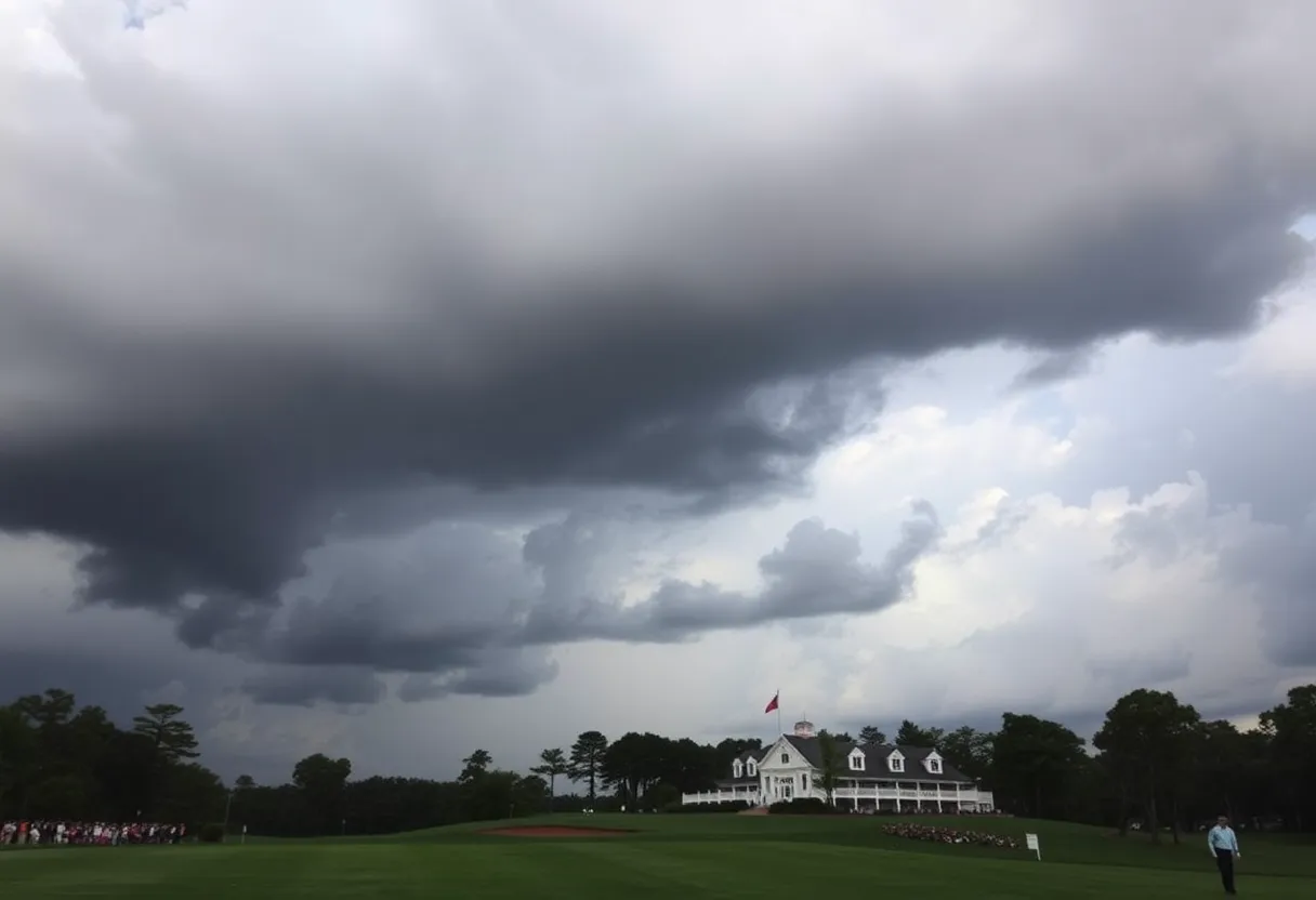 Thunderstorm clouds over Augusta National Golf Club during a golf tournament