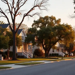 A neighborhood scene in Augusta showing houses and trees.