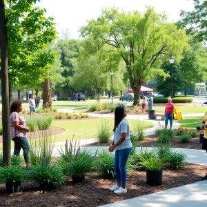 Community members cleaning and maintaining a public park in Augusta, showcasing lush vegetation and a clean environment.