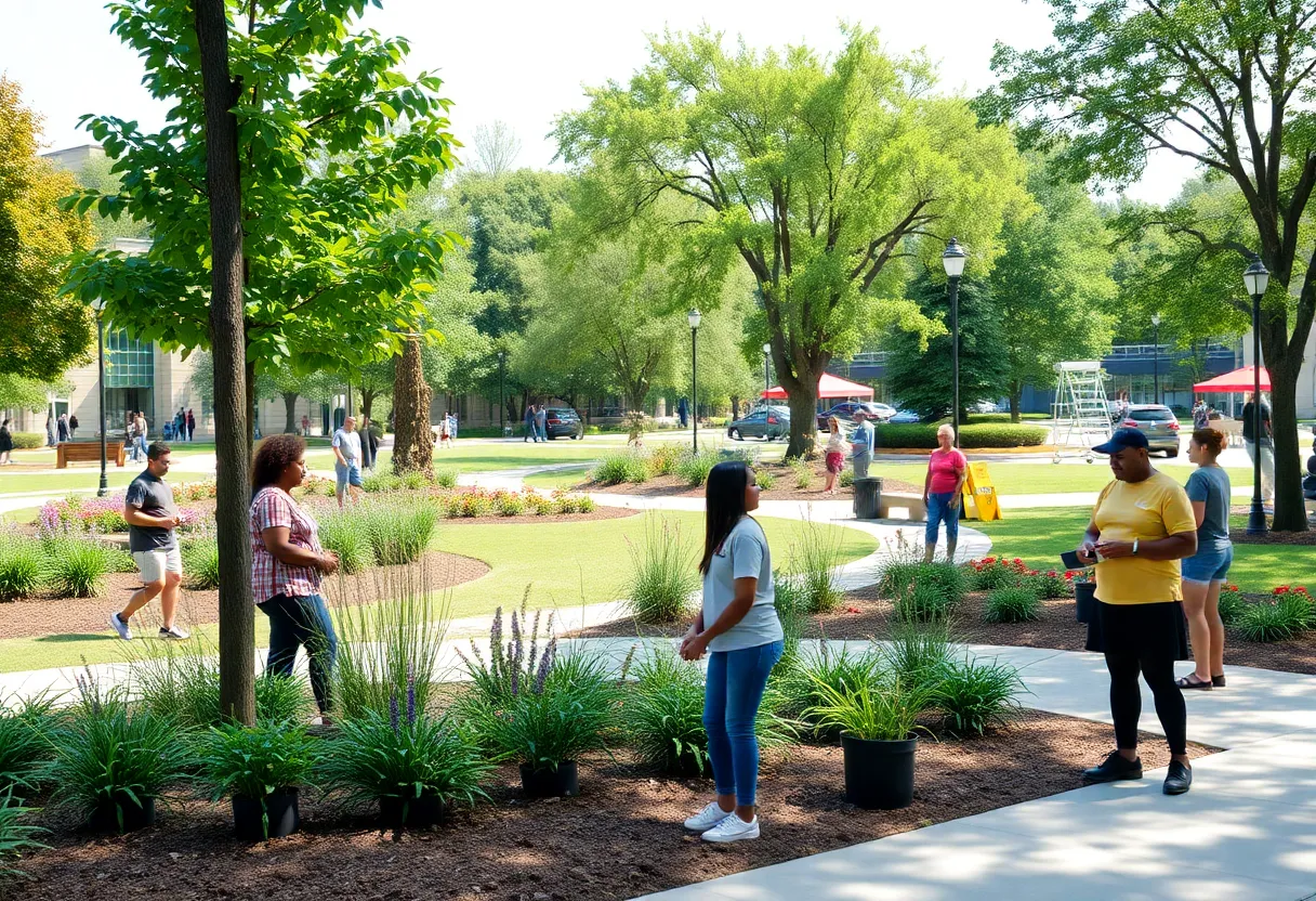 Community members cleaning and maintaining a public park in Augusta, showcasing lush vegetation and a clean environment.