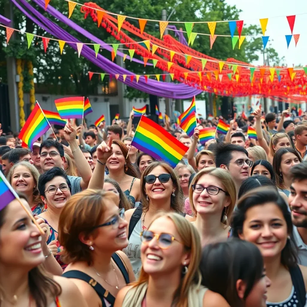 A lively scene of attendees celebrating at Augusta PRIDE Festival with rainbow flags and festive decorations.