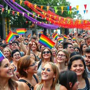 A lively scene of attendees celebrating at Augusta PRIDE Festival with rainbow flags and festive decorations.