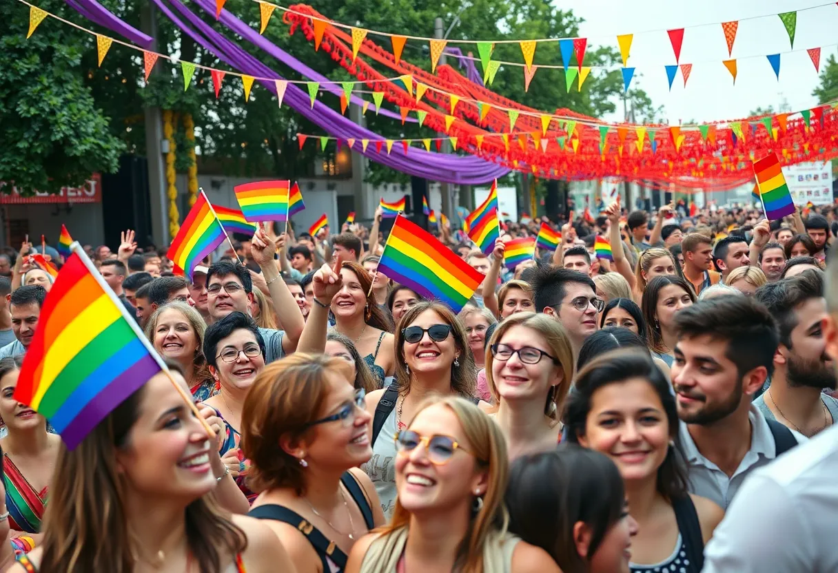 A lively scene of attendees celebrating at Augusta PRIDE Festival with rainbow flags and festive decorations.