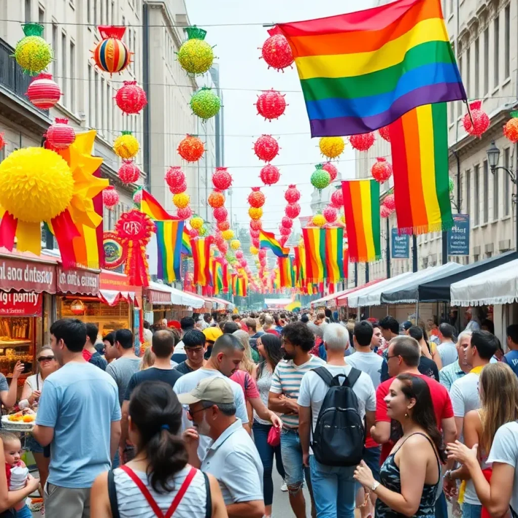 People celebrating at the Augusta Pride Festival with rainbow flags.