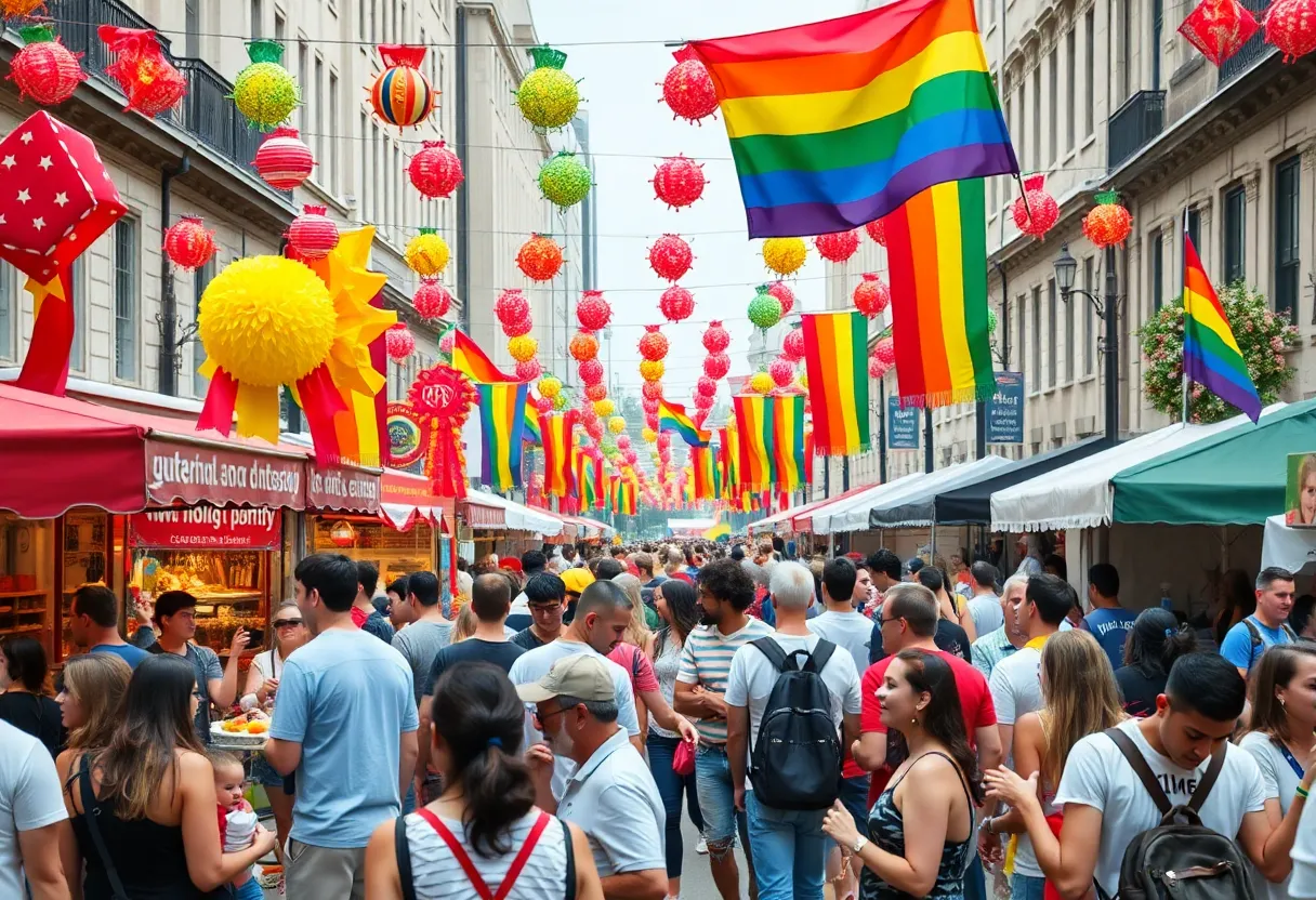 People celebrating at the Augusta Pride Festival with rainbow flags.