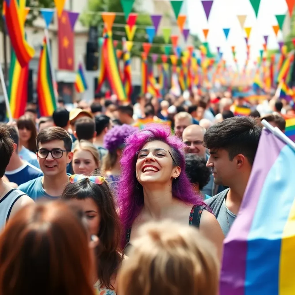 Crowd enjoying the Augusta Pride Festival with colorful decorations