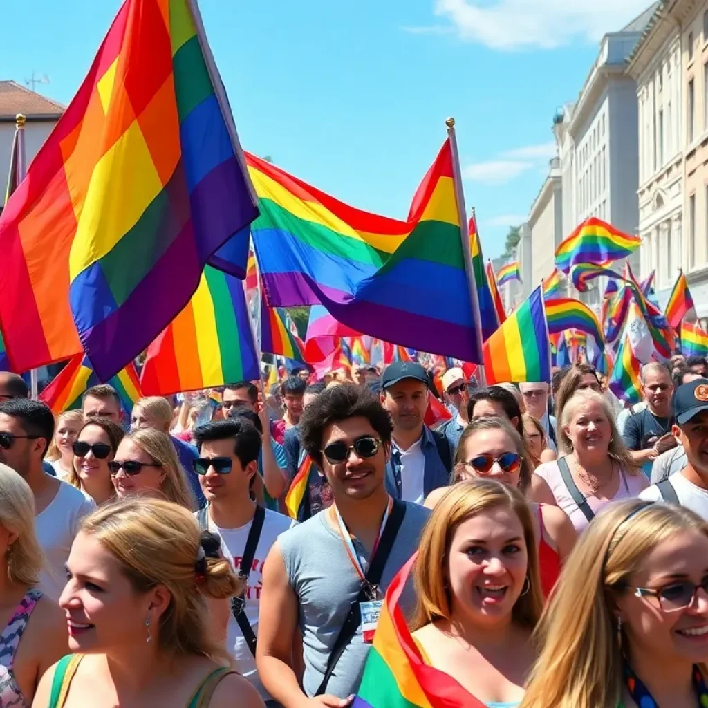 Crowd enjoying the Augusta Pride Parade with rainbow flags