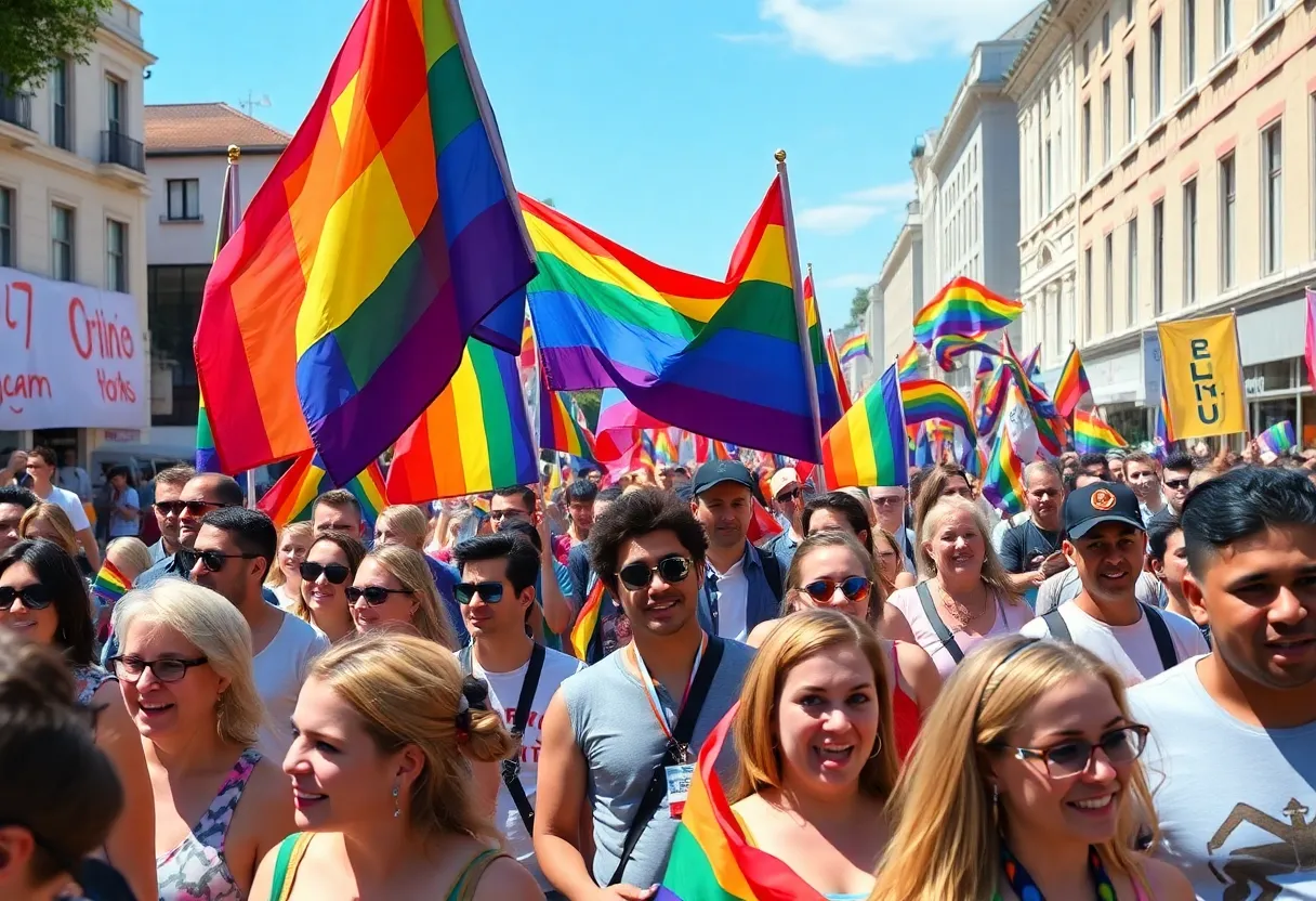 Crowd enjoying the Augusta Pride Parade with rainbow flags