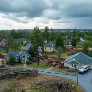 Damage from severe storm in Augusta with fallen trees and emergency responders