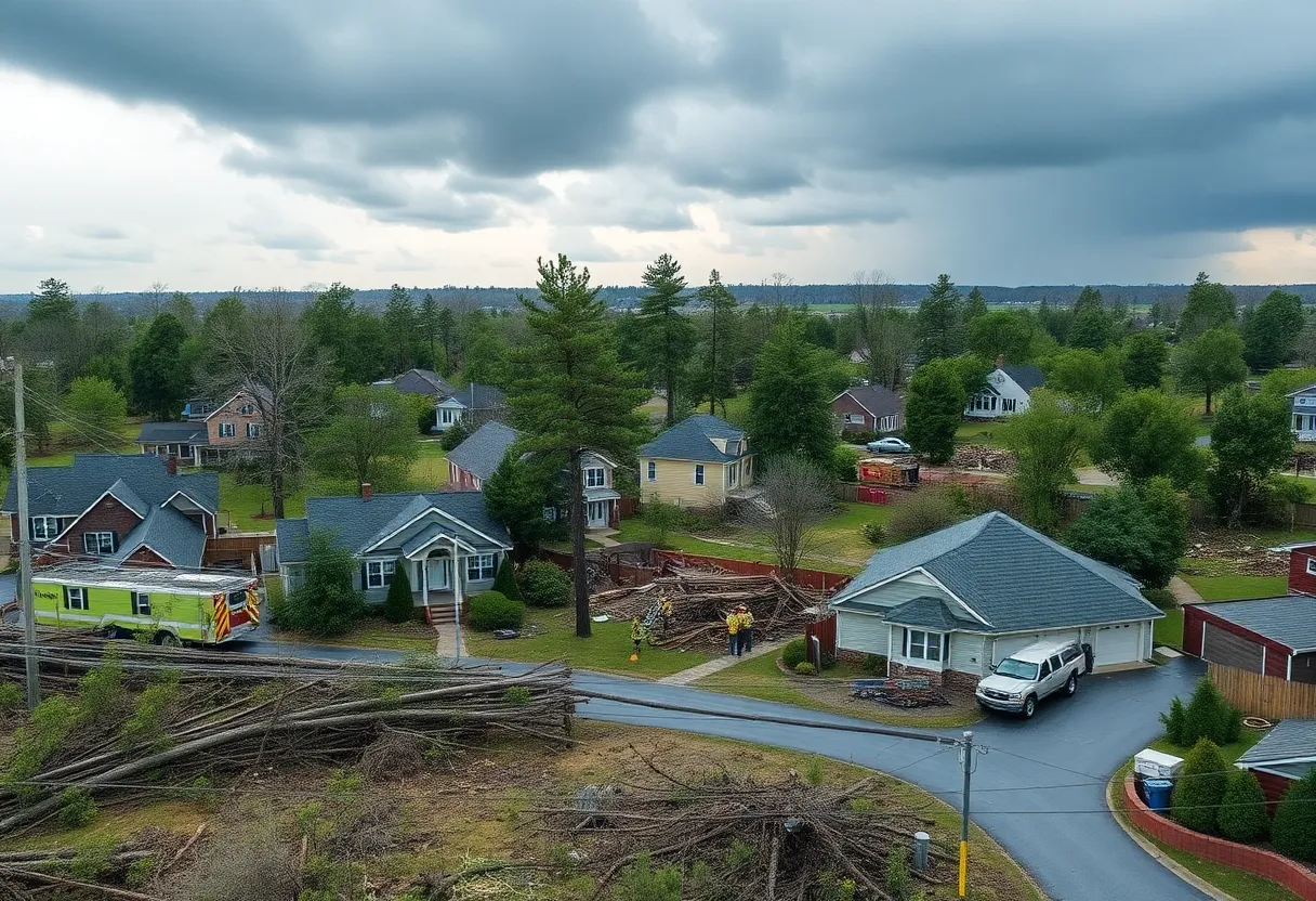 Damage from severe storm in Augusta with fallen trees and emergency responders