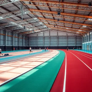 Indoor track facility at Augusta University with athletes training.