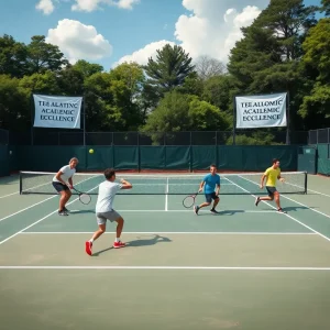 Augusta University men's tennis players competing on the court