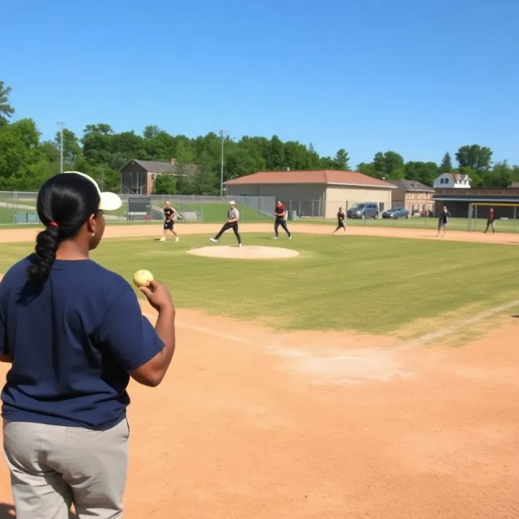 Softball players practicing at Augusta University field
