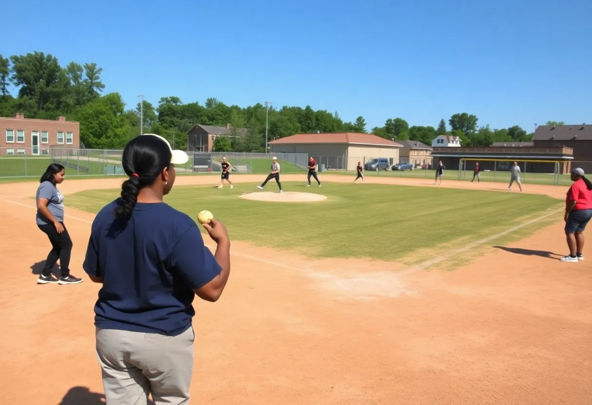 Softball players practicing at Augusta University field