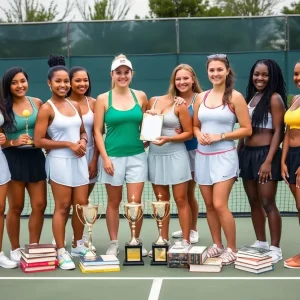 Celebration of Augusta University women's tennis team for academic success