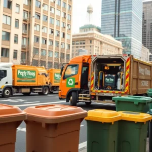 Waste management services in Augusta, showcasing garbage trucks and recycling bins.
